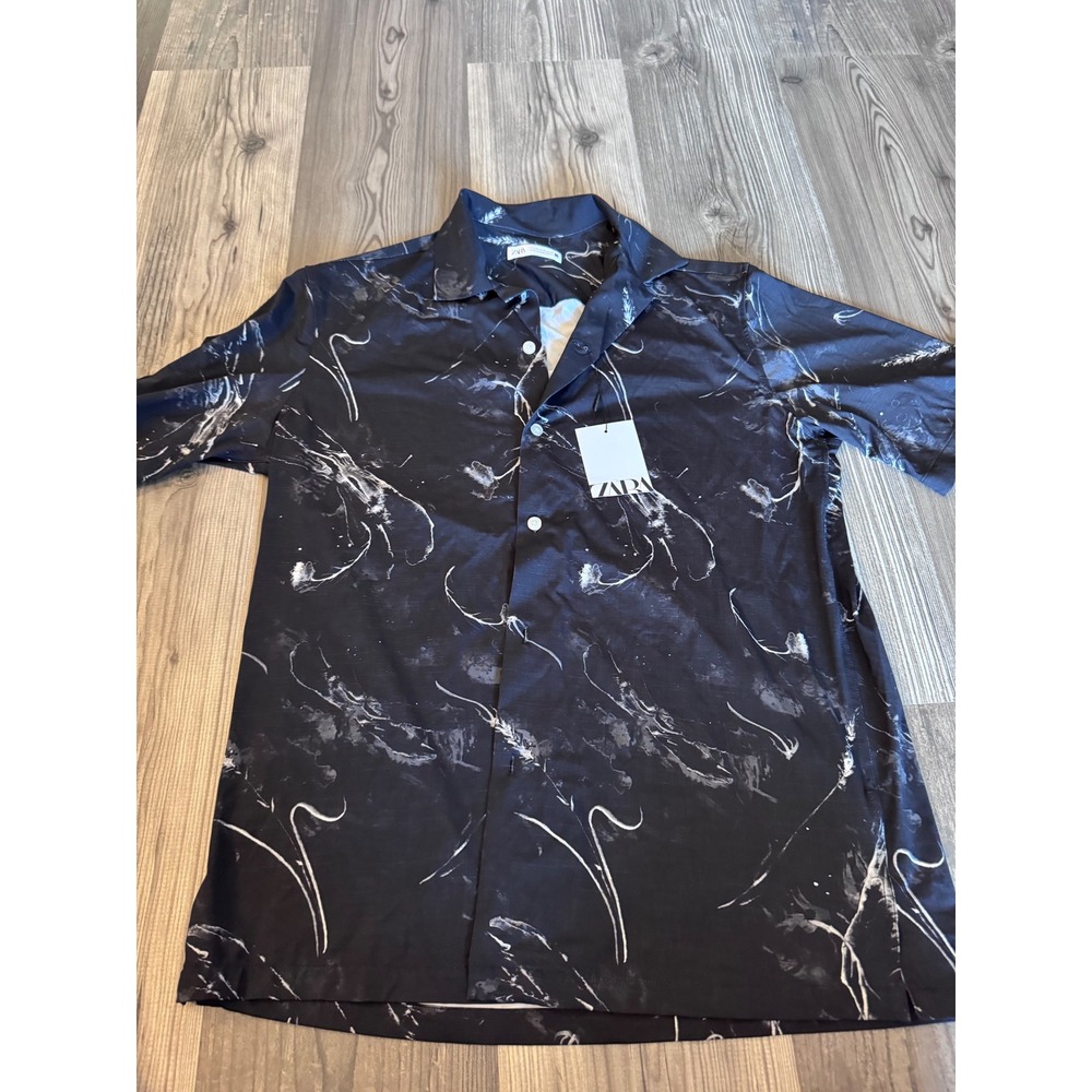 Zara Mens Abstract Print Short Sleeve Button Up Shirt Black White 7545/410/800 M